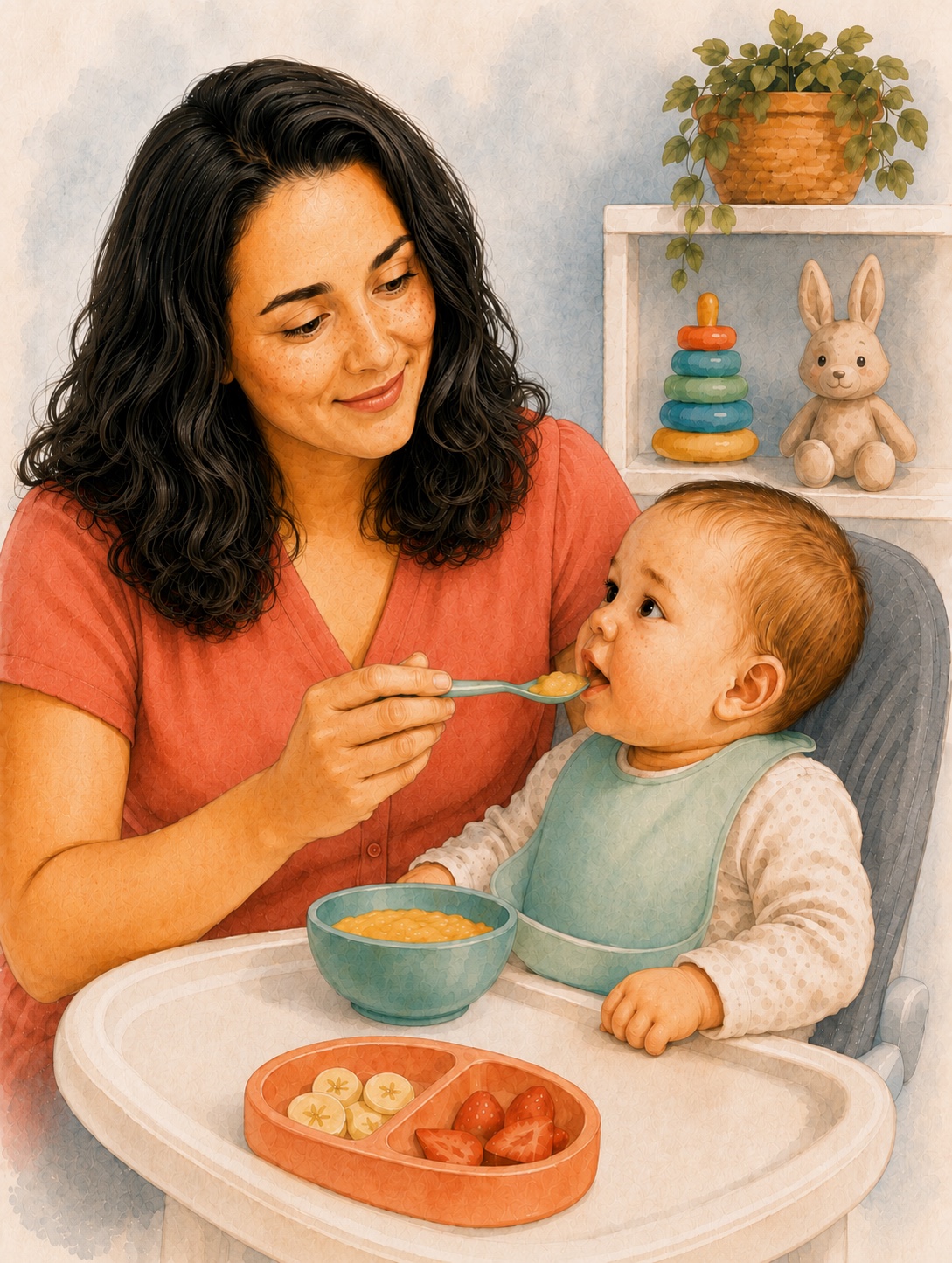 A speech-language pathologist supporting an infant during feeding therapy