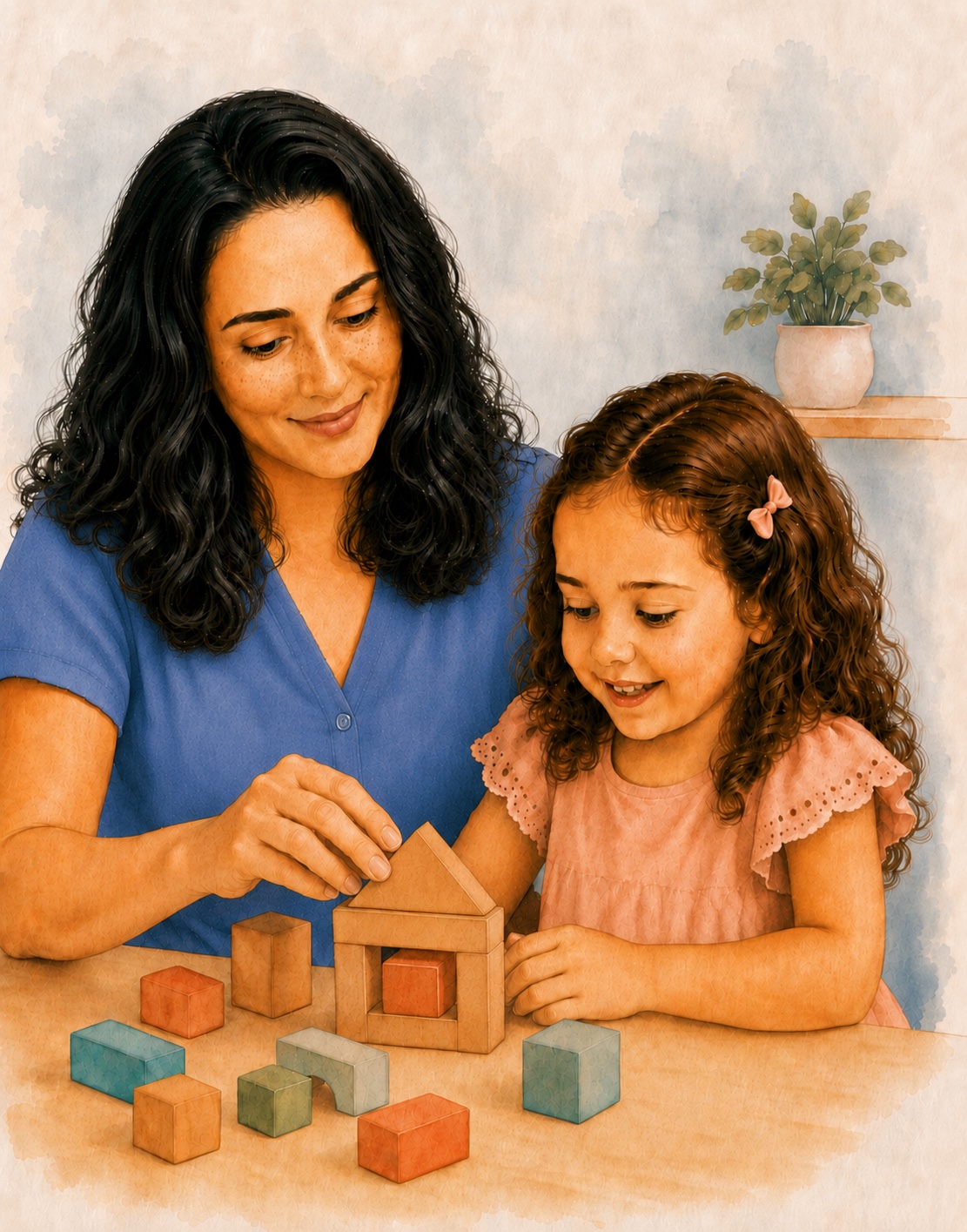 A speech-language pathologist and child building with blocks during play-based therapy
