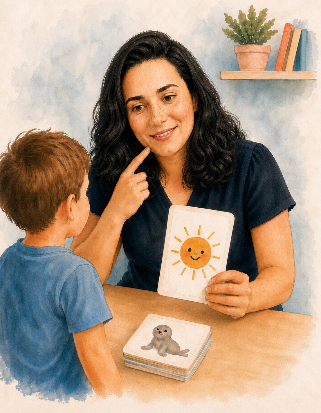 A speech-language pathologist helping a child practice speech sounds